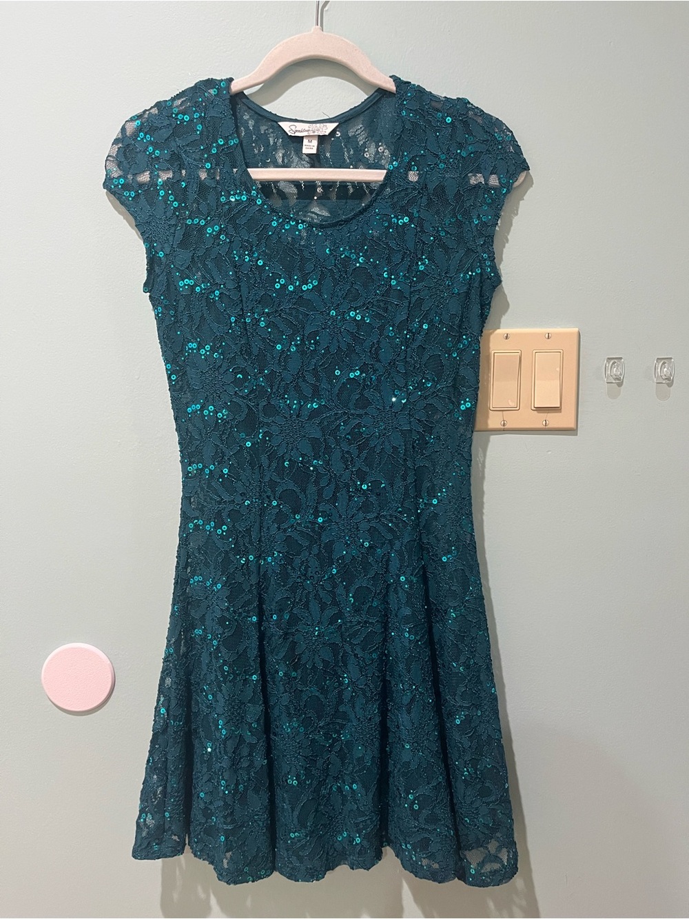 Girls' Teal Lace & Sequin Fit-and-Flare Dress